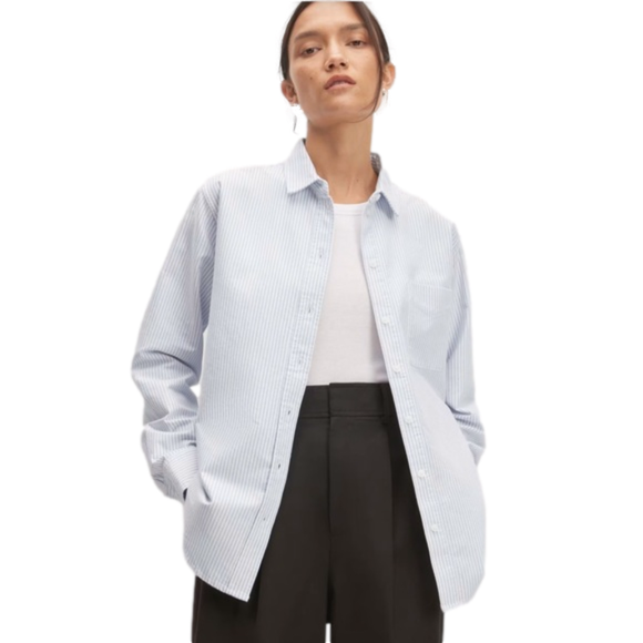 Everlane NWT Women’s Long Sleeve Button Down Oversized 100% Cotton Striped Mint - Picture 2 of 10